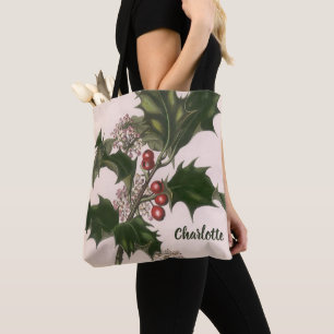 Vintage Christmas, Holly Plant with Red Berries Tote Bag