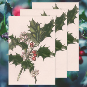 Vintage Christmas, Holly Plant with Red Berries Wrapping Paper Sheet