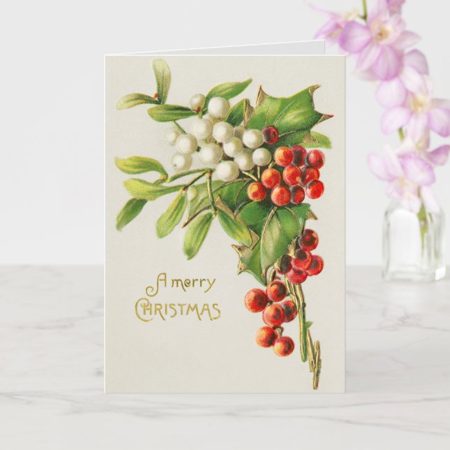 Vintage Christmas Holly print card (Orchid)