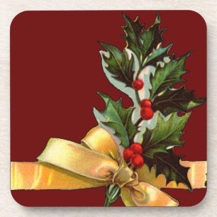 Vintage Christmas Holly Set of Cork Coasters
