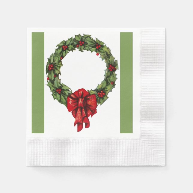 Vintage Christmas Holly Wreath and Berries Green Napkin (Front)