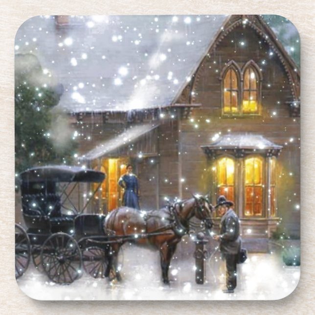 Vintage Christmas Horse Carriage Winter Scene Coaster (Front)