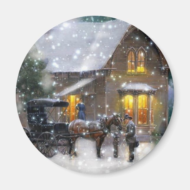 Vintage Christmas Horse Carriage Winter Scene Magnet (Front)