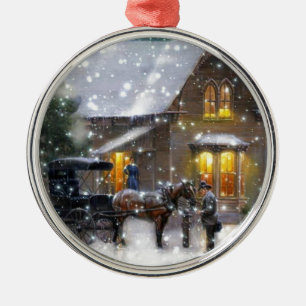 Vintage Christmas Horse Carriage Winter Scene Metal Ornament