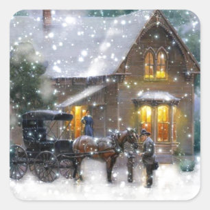 Vintage Christmas Horse Carriage Winter Scene Square Sticker