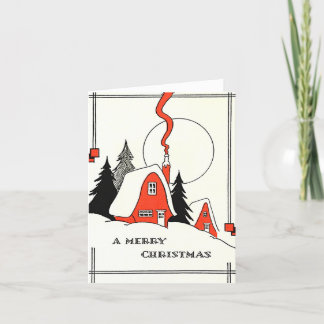 Vintage Christmas House Illustration in Snow Card