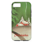 Vintage Christmas, House in Forest Winter Snow