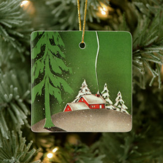 Vintage Christmas, House in Forest Winter Snow Ceramic Ornament