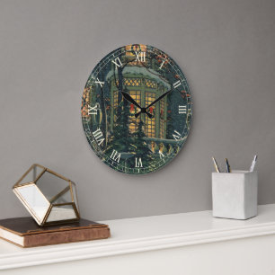 Vintage Christmas, House with Wreaths in Windows Large Clock