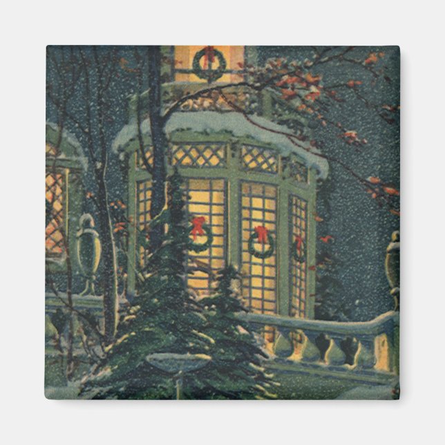 Vintage Christmas, House with Wreaths in Windows Magnet (Front)
