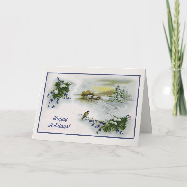 Vintage Christmas houses bird Holiday Card (Front)