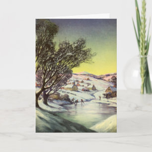 Vintage Christmas, Ice Skaters on a Frozen Pond Holiday Card