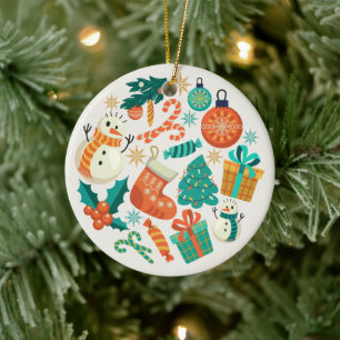 Vintage Christmas Icons Pattern Ceramic Ornament
