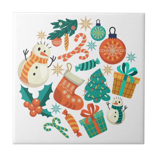 Vintage Christmas Icons Pattern Ceramic Tile (Front)