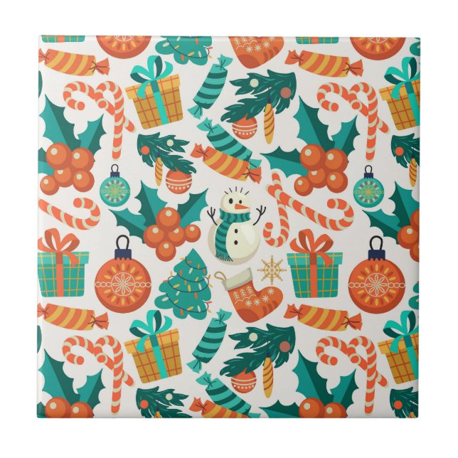 Vintage Christmas Icons Pattern Ceramic Tile (Front)