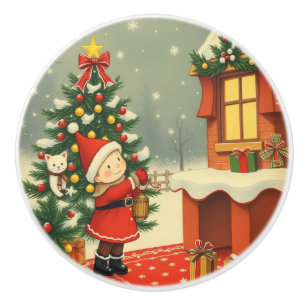 Vintage Christmas Illustration Ceramic Knob