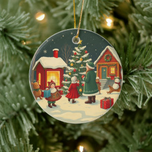 Vintage Christmas Illustration Ceramic Ornament