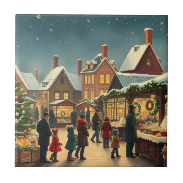 Vintage Christmas Illustration Ceramic Tile (Front)