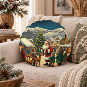 Vintage Christmas Illustration Round Cushion