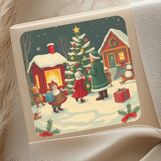 Vintage Christmas Illustration Square Sticker (Creator Uploaded)