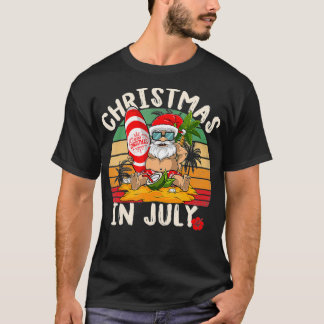 Vintage Christmas in July Santa Hawaiian Surfing   T-Shirt