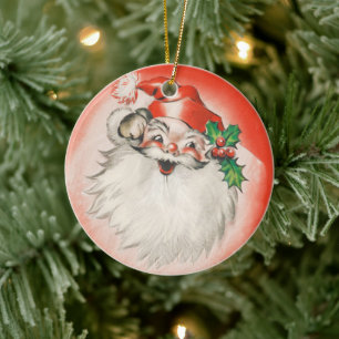 Vintage Christmas, Jolly Retro 50s Santa Claus Ceramic Ornament