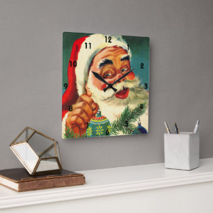 Vintage Christmas, Jolly Retro 50's Santa Claus Square Wall Clock