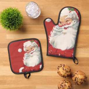 Vintage Christmas, Jolly Santa Claus Winking Oven Mitt & Pot Holder Set