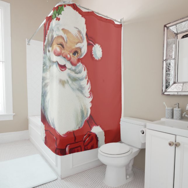 Vintage Christmas, Jolly Santa Claus Winking Shower Curtain (In Situ)