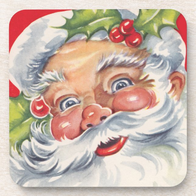 Vintage Christmas, Jolly Santa Claus with His Hat Coaster (Front)