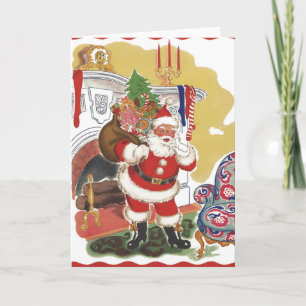 Vintage Christmas, Jolly Santa Claus with Presents Holiday Card