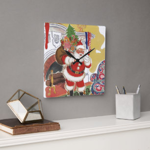 Vintage Christmas, Jolly Santa Claus with Presents Square Wall Clock
