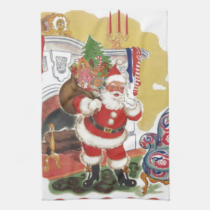 Vintage Christmas, Jolly Santa Claus with Presents Tea Towel