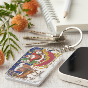 Vintage Christmas, Jolly Santa Claus with Sleigh Key Ring