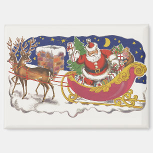 Vintage Christmas, Jolly Santa Claus with Sleigh Magnet