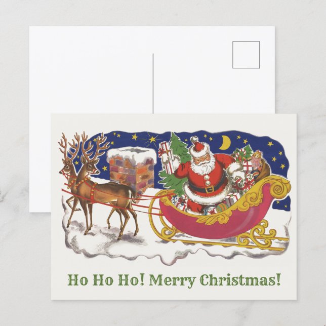 Vintage Christmas, Jolly Santa Claus with Sleigh Postcard (Front/Back)