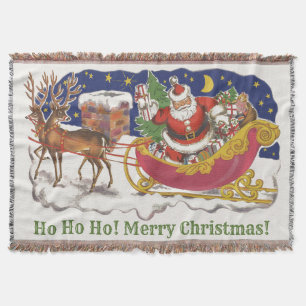 Vintage Christmas, Jolly Santa Claus with Sleigh Throw Blanket