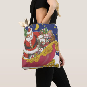 Vintage Christmas, Jolly Santa Claus with Sleigh Tote Bag