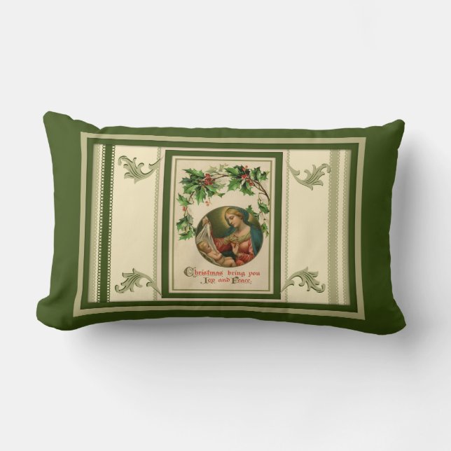 Vintage Christmas Joy Virgin Mary Lumbar Cushion (Front)