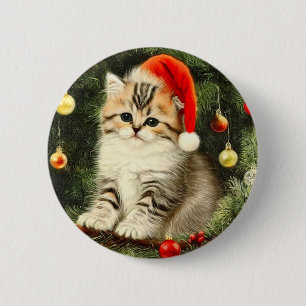 Vintage Christmas Kitten 6 Cm Round Badge