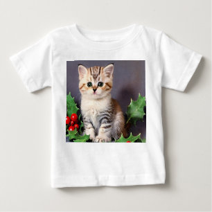 Vintage Christmas Kitten and Holly Baby T-Shirt