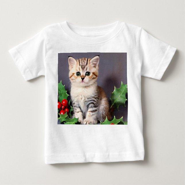 Vintage Christmas Kitten and Holly Baby T-Shirt (Front)