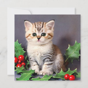 Vintage Christmas Kitten and Holly Card