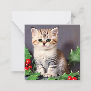 Vintage Christmas Kitten and Holly Card