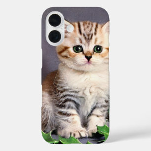 Vintage Christmas Kitten and Holly iPhone 16 Case
