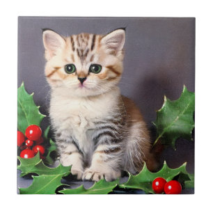 Vintage Christmas Kitten and Holly Ceramic Tile