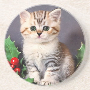 Vintage Christmas Kitten and Holly Coaster