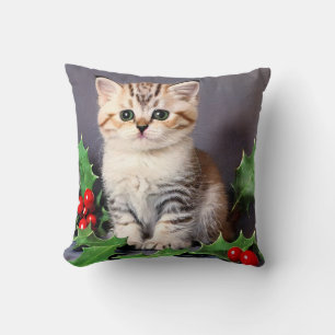 Vintage Christmas Kitten and Holly Cushion