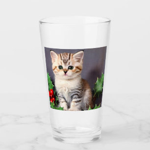 Vintage Christmas Kitten and Holly Glass