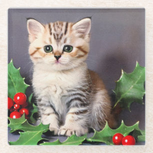 Vintage Christmas Kitten and Holly Glass Coaster
